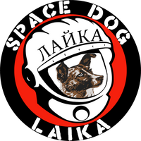 Soviet dog Laika in a cosmonaut helmet with the words Space Dog Laika around it.