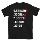 5.56 NATO, 300BLK, 7.62x39, 308WIN, 30-06 - Rifle Calibers, Gun Rights, Gun Meme, Firearms T-Shirt