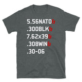 5.56 NATO, 300BLK, 7.62x39, 308WIN, 30-06 - Rifle Calibers, Gun Rights, Gun Meme, Firearms T-Shirt