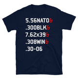 5.56 NATO, 300BLK, 7.62x39, 308WIN, 30-06 - Rifle Calibers, Gun Rights, Gun Meme, Firearms T-Shirt