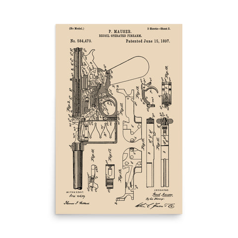 Mauser C96 Broomhandle Patent - Blueprints, Schematics, Gunsmith Poster